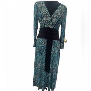 Women’s belted,blue and black long sleeve, v-neck a-line maxi‎ dress